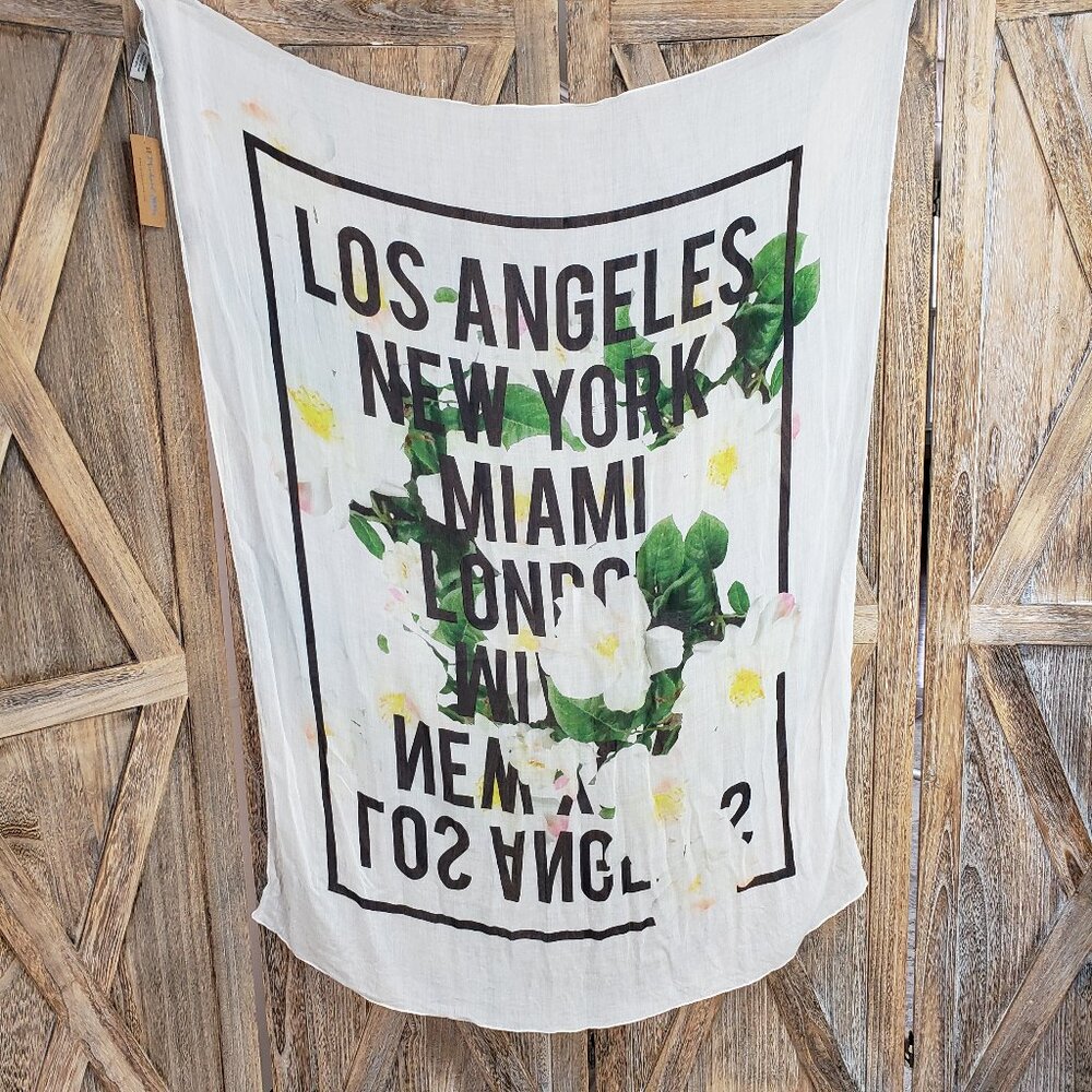 Michael Stars London & Back Wrap Scarf City Name Spellout White Floral NWT